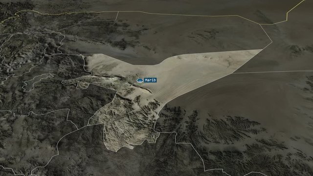 Ma'rib - governorate of Yemen with its capital zoomed on the satellite map of the globe. Animation 3D