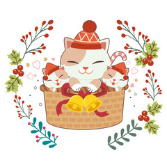 The character of cute cat and baby cat sitting in the basket and christmas theme. The cute cat wear a winter hat. The christmas wreath and holly leaf. The character of cute cat in flat vector style.