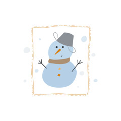 Funny snowman cartoon character. Vector illustration on white background. Perfect for Christmas cards, decorations, invitations, banners, labels, discounts. Cozy, festive atmosphere.