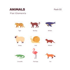 Animals flat color illustration elements icons