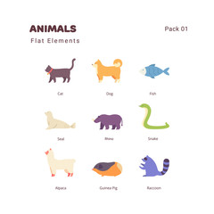 Obraz premium Animals flat color illustration elements icons