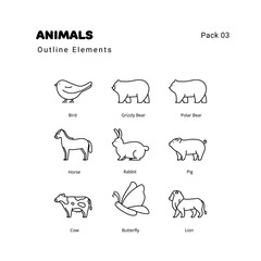 Animals outline elements icons set