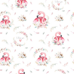 Watercolor cute cartoon little baby and mom flamingo with floral wreath seamless pattern. tropical fabric background. Mother and baby design. Animal drawing