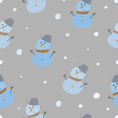 Seamless background of snowmen and snowstorms. Cyan, gray colors predominate. Perfect for winter decorations, Christmas, postcards, invitations, fabrics.