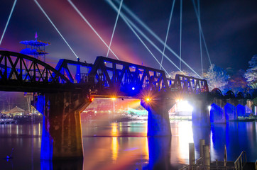 River Kwai railway bridge, Light and Sound Festival World War 2 in Kanchanaburi, Thailand .