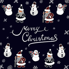 Vector blue drawing in doodle style with lettering composition "Merry Cristmas" above and below surrounded santas, snowmen and snowflakes. For cristmas cards.