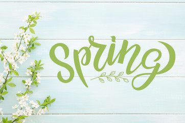 Blossoming sprig of cherry on mint background with the inscription Spring.