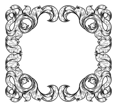 A vintage style filigree leaves frame floral border scroll pattern in a square shape