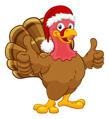 Turkey Christmas or Thanksgiving Holiday cartoon character wearing a Santa Claus hat and giving a thumbs up