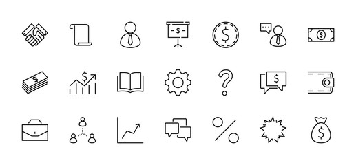 Set of Business vector line icons. It contains symbols of a handshake, a user, dollar pictograms, gears, a briefcase, a bag of money, a schedule and much more. Editable Stroke. 32x32 pixels.