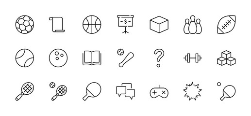 Set of Sports balls, hobbies, entertainment vector line icons. It contains symbols of football, basketball, bowling, tennis and much more. Editable Stroke. 32x32 pixels.
