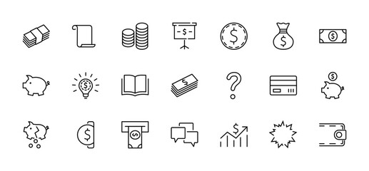 Set of Money Related Vector Line Icons. Contains such Icons as Money Bag, Piggy Bank in the form of a Pig, Wallet, ATM, Bundle of Money, Hand with a Coin and more. Editable Stroke. 32x32 Pixel Perfect