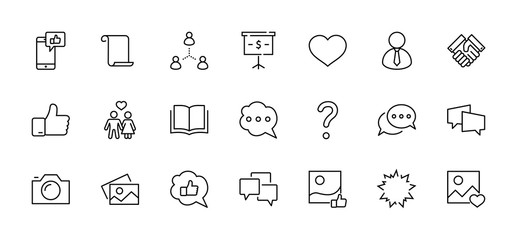 Set of Social Networks Related Vector Line Icons. Contains such Icons as Profile Page, Rating, Social Links and more. Editable Stroke. 32x32 Pixel Perfect.