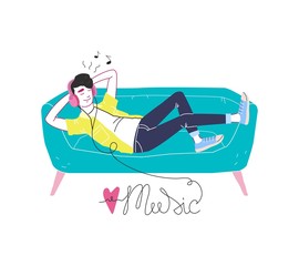 A man in headphones lies on a sofa and listens to music. Lettering love music