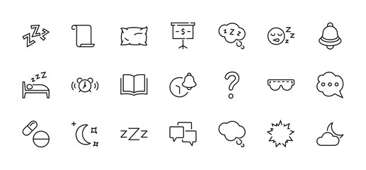 Sleep Vector Line Icons Set. Contains such Icons as Alarm Clock, Bed, Insomnia, Pillow, Sleeping Pills, Bell, Glasses for sleep, Bubble and more. Editable Stroke. 32x32 Pixel Perfect