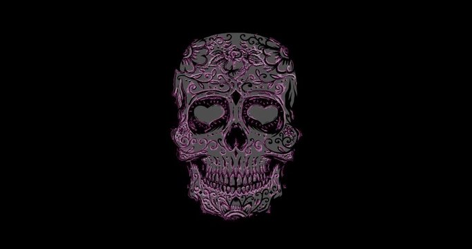 Animation of mexican sugar skull from glowing neon lines.