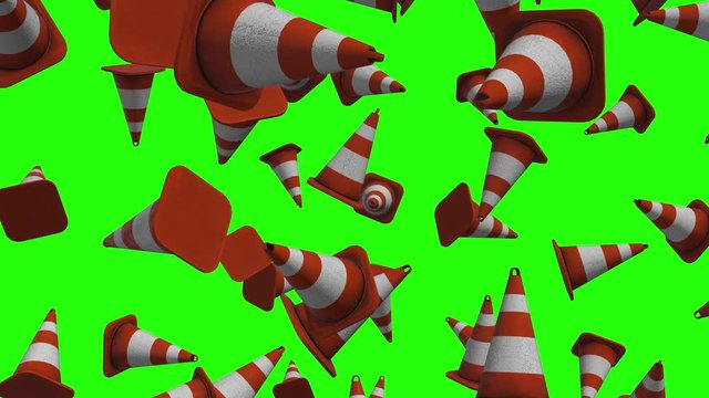 Rain of 3d simple orange traffic cones falling on green screen background. Abstract safety sign construction on the street road highway. Great for topics related with cars, driving . Close up view. 