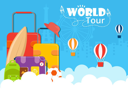 Travel and Tourism flat background design with suitcases and other equipment. Image can be used for travel banners, blogs and much more.