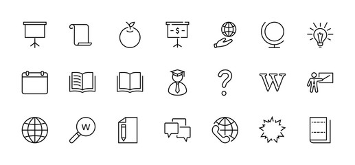 Wikipedia's birthday Set Line Vector Icon. Contains such Icons as Wikipedia, Open Book, Teacher, Blackboard, Pointer, Web Globe, Directory, Search, Lamp, Calendar. Editable Stroke. 32x32 Pixel Perfect