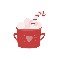 Cup of cocoa with marshmallows and candy. Cozy and bright picture for winter Christmas or new year's design. Heart on a cup with two knobs.