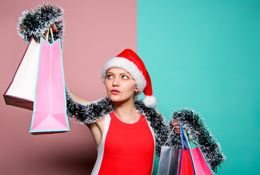 New Year New Me. Cyber Monday. Happy New Year Party. Woman Celebrate Xmas. Santa Woman With Tinsel. Merry Christmas Shopping Sales. Preparation For Winter Holidays. Time For Presents