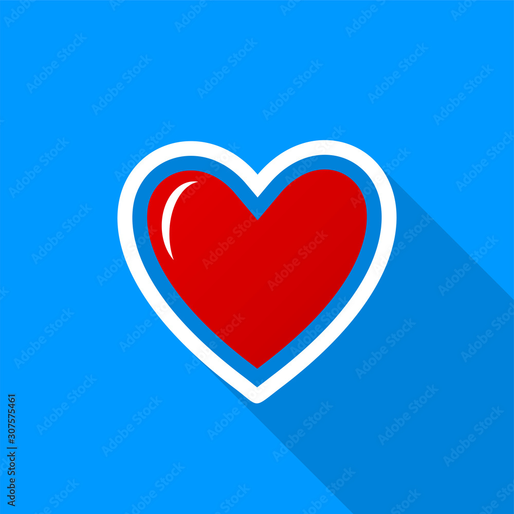 Poster flat red heart icon with a long shadow on a blue background.