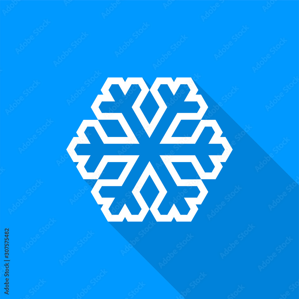 Poster flat white snowflake outline icon with a long shadow on a blue background.