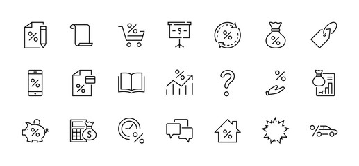 Set of Credit and Loan Related Vector Line Icons. Contains such Icons as Credit Card, Rate Calculator, Deposit and more. Editable Stroke. 320x320 Pixel Perfect - obrazy, fototapety, plakaty