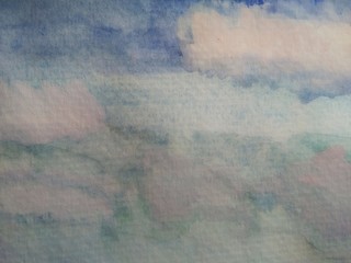 Fototapeta premium Abstract gradient blue and white sky with cloud background and copy space; Watercolor backdrop hand drawn painting on paper. - Illustration