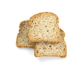 Slices of wholemeal bread isolated on a white background in close-up (high details)