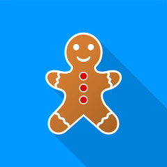 Flat gingerbread man icon with a long shadow on a blue background.