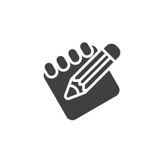 Note paper and pencil vector icon. filled flat sign for mobile concept and web design. Registration glyph icon. Edit document symbol, logo illustration. Vector graphics