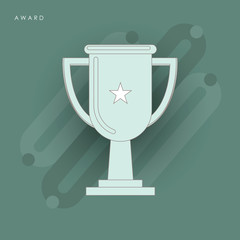 Trophy cup flat icon design with handles and blank nameplate.