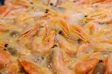 boiled shrimp closeup. Cooking sea food, shrimp