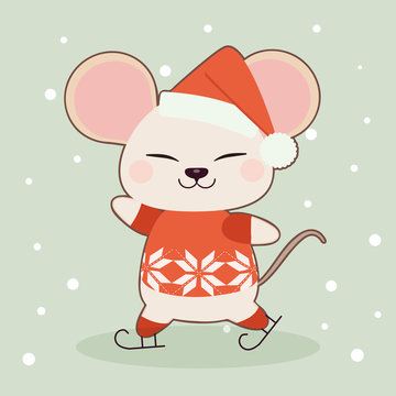 The character of cute mouse playing the ice skate on the green background  with the snow. The character of cute mouse wear sweater and winter hat. The character of cute mouse in flat vector style.