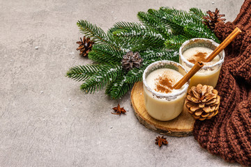 Homemade eggnog with cinnamon in glass. Typical Christmas dessert. Evergreen fir brunch, cones, cozy plaid, artificial snow. Stone concrete background