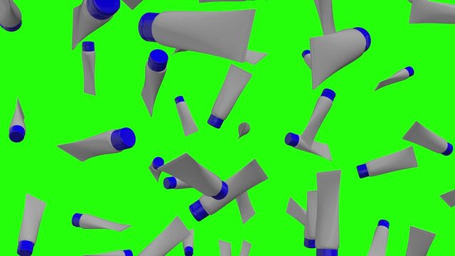 Rain of 3d white Plastic cosmetic tubes for cream or gel falling on green screen background. Packagings for Design Project on chroma key. Close up view. Toothpaste Tube, Blank Container. 4k animation 