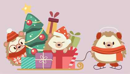 Naklejka premium The character of cute hedgehog with pile of gift box and christmas tree on the sleigh. The cute hedgehog wear a winter hat and scarf and ice skate on the purple background in flat vector style.