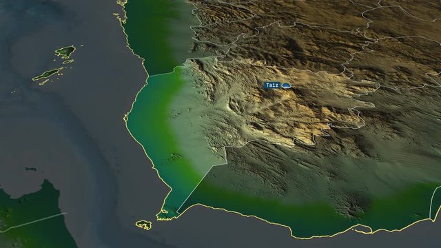 Ta`izz - governorate of Yemen with its capital zoomed on the physical map of the globe. Animation 3D