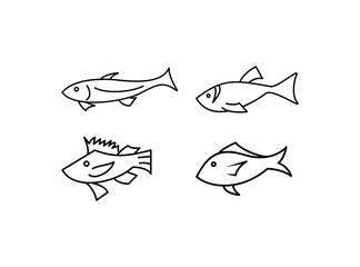 Set of Fish Icon. Designed with Black Mono Line Style Isolated on White Background. Consist of Four Fish Image Vector Illustration.