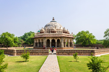 Panoramic view on Tomb of Isa Khan with tourists. UNESCO World Heritage in Delhi, India. Asia.