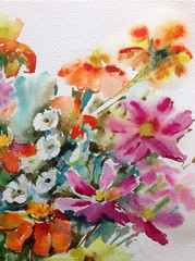 Abstract bright colored decorative background . Floral pattern handmade . Beautiful tender romantic bouquet of  summer wildflowers , made in the technique of watercolors from nature.