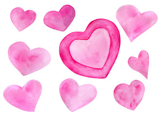 Watercolor romantic set for Saint Valentine's Day. Hand drawn pink hearts. Elements isolated on white background for greeting cards design, wrapping, posters, printing.