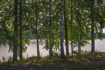 Finnish summer landscape.Swimming pier at a beautiful lake.
