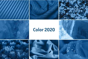 Collage aus schönen Texturen in blauen Farben. Gestrickter Schal, Wassertropfen, Pflanzen, Glitzer, Leinwand mit Ölfarbe. Das Konzept von Schönheit, Kunst, Kreativität. © elena_fedorina