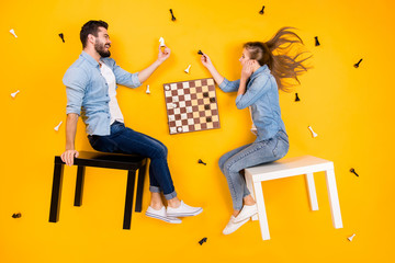 Top view above high angle flat lay flatlay lie view concept of her she his he nice cheerful...