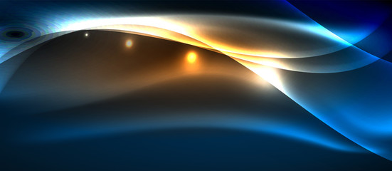 Glowing abstract wave on dark, shiny motion, magic space light. Techno abstract background