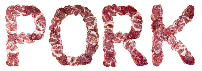 Pork. Fresh meat alphabet. Conceptual font for design.