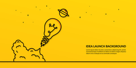 Light bulb launching to space on yellow background, flat start up idea concept