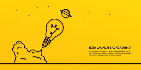 Fotobehang Light bulb launching to space on yellow background, flat start up idea concept © CYBERUSS